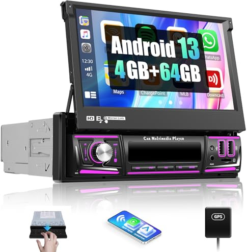 SIXWIN 4GB+64GB Android 13 1 Din Radio con Wireless Carplay e Android Auto,7 Pollici Manual Pieghevole Touchscreen Stereo con WiFi GPS Bluetooth RDS/FM 2USB AUX TF Controllo del Volante