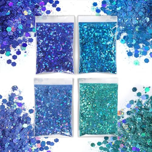 Set di 4 glitter per fai da te, glitter per fai da te, polvere glitterata per trucco, artigianato, feste, nail art, fai da te, decorazione di carta, 200 g (blu 1)