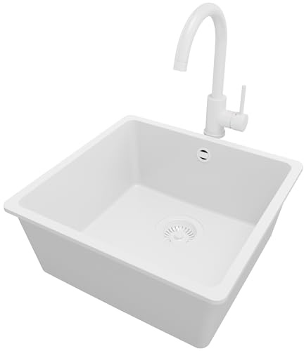 PRIMAGRAN Fregadero bajo Encimera Todo Blanco 46x44cm, Granito 1 Seno + Grifo 32x20cm + Sifón, Cocina al Mueble 50cm - Venecia Easy S040