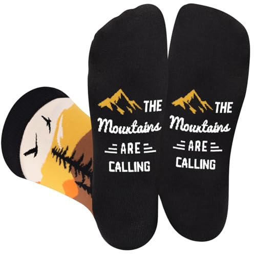 Funny Socks for Men Women Dad Teenage Boys - THE MOUNTAINS ARE CALLING - Novelty Funky Fun Socks for Travellers Climber - Travel Hiking Climbing Fathers Day Birthday Gifts Christmas Stocking Filler