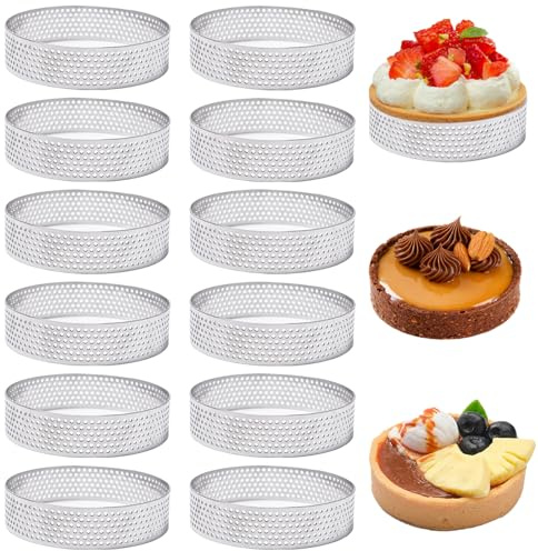 GANILITY Moldes Perforados, 12 Piezas 8 cm Pasteles Tartaletas de Acero Inoxidable, Moldes Perforado de Pastel, Aros para Mini Tartas Anillos Redondos, para Muffins, Quiches