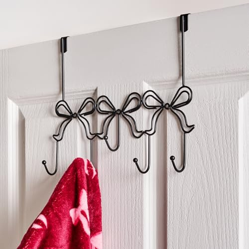 OHS Over Door Hanger, Cute Bow Shaped Over The Door Hooks with Rust Resistant 5 Hooks for Coats Hats Bags Clothes Towels Metal Coat Hook Space Saving for Bedroom Bathroom, Black
