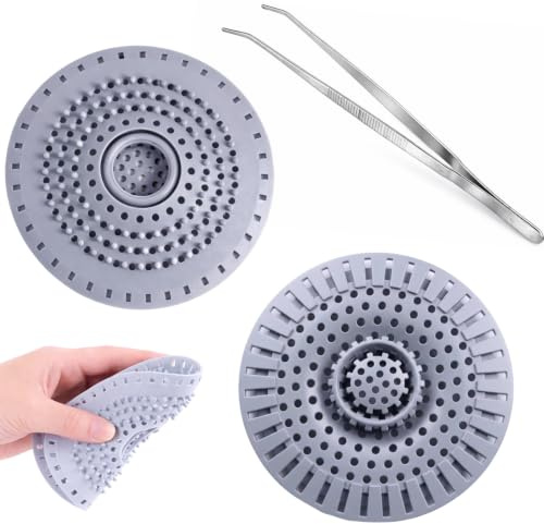 2 Piezas Atrapa Pelos Ducha con Pinza - Filtro Desagüe Ducha de Silicona Universal, Coladores de Drenaje de Silicona Antideslizantes para Baño, Bañera y Cocina, Anti-Atascos (Gris)