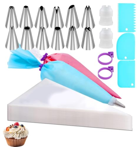 Androxeda 120 Mangas Pasteleras Desechables, Juego de Boquillas y Adaptadores, Kit Completo para Decorar Pasteles, Cupcakes y Galletas
