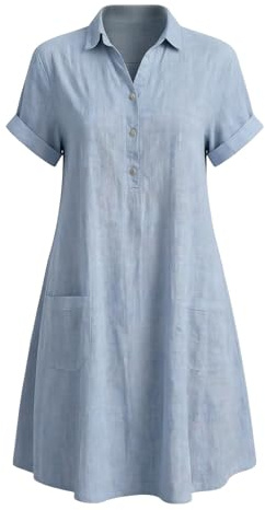 Abiti Donna Estivi Lunghi - Abito Camicia Donna in Cotone Lino Tinta Unita, Colletto Risvolto, Bottoni Metallici, Manica Corta, Tasche Frontali, Vestito Casual Estivo Ampio da Mare