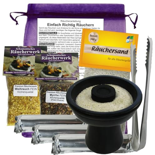 Räuchern Zubehör STARTERSET 9-TLG mit Weihrauch & Myrrhe Räucherwerk für Hausreinigung & Rauhnächte. Räucherzange + Räucherkelch + 30x Räucherkohle + ZUBEHÖR + Anleitung. 81116-7RK