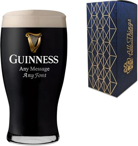 All Things Personalised Guinness Glass, Diseño Arpa, 570 ml - Vaso de Cerveza Personalizado - Mensaje Personalizado - Regalos Fans de Guinness - Grabado Láser, Apto Lavavajillas, con Caja de Regalo