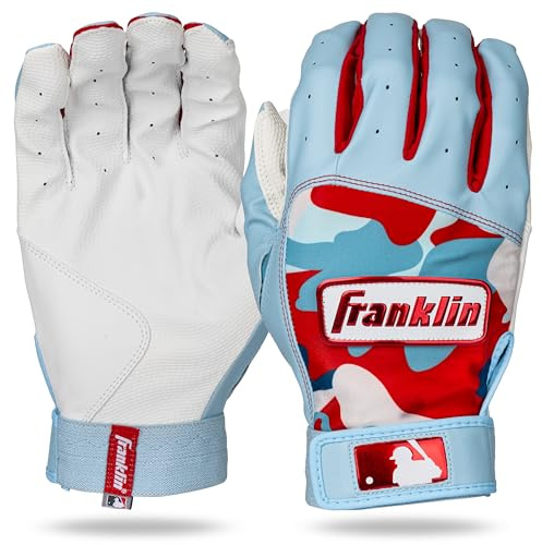 Franklin Sports MLB Batting Gloves - Digitek Camo Baseball + Softball Batting Gloves - Premium Leather Baseball Gear - Adult + Youth Pair - White + C. Blue Camo - Youth Small