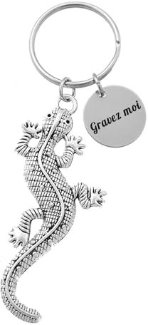 Porte-clés Lézard Salamandre Argenté Gravure Personnalisée Sur Médaille