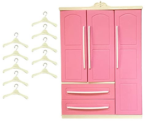 Milageto Puppengarderobe mit 10 Kleiderbügeln, Kleiderorganisation, Puppenhausdekoration, Schublade zum Öffnen, Aufbewahrungsschrank, Geburtstagsgeschenke für Kinder, Garderobe