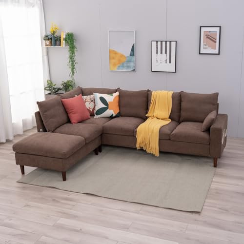 Panana Furniture Classic Fine Linen Sofa & Chaise Corner Sofa Group Set with USB Charging Port (Brown, 6 Seater L Shape)