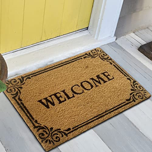 Teppich-Traum Kokos Fußmatte „Willkommen“ für den Eingangsbereich, Verzierungen in schwarz, 60 x 90 cm