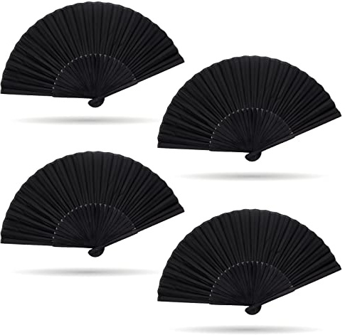 Grantop 4 Stück Silk Handfächer Hochzeitsfächer Dekoration Set，Schwarz Altbar Handfächer Stoff Bambus Rippen Chinesische Handfächer Vintage Handheld Faltventilator für Männer Damen