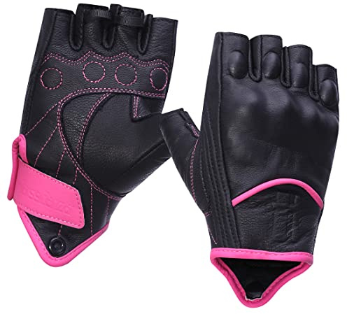 Harssidanzar Fingerlose Motorradhandschuhe für Damen, Harter Knöchelschutz Reiten Fahren Biker Racing MotorradhandschuhTouchscreen KL022EU,RosaSchwarz,Größe M