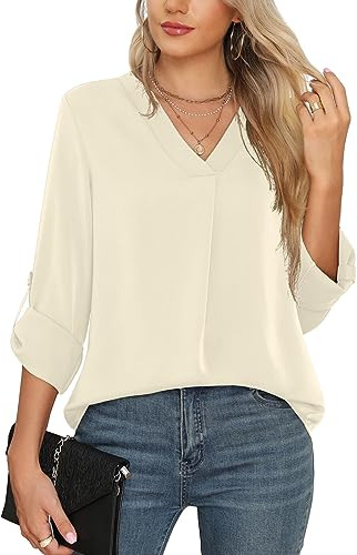 Yommay Blouses for Women V Neck Short Sleeve Casual Tunic Cute Shirt | Ladies Lightweight Chiffon Tops Elegant Casual Slim Fit Soft Classic Basic Blouses Womens Cute T Shirt Daily Working