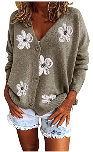 de con flores bordadas con botones para mujer, cuello en V, tira de botones, cárdigan de , cárdigan corto, abierto, elegante, informal, chaqueta de hombro, gris, M