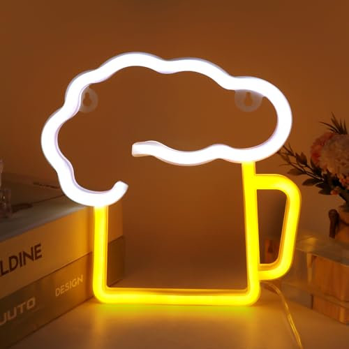 PLLYPE LED Leuchtreklame Bier, Bier Neonschild, Leuchtschild für Bar, LED Neonlicht Zeichen Licht Batterie Oder USB Powered, Gelb Weiß Pub Nachtclub Store Weihnachten Festival Party Sign