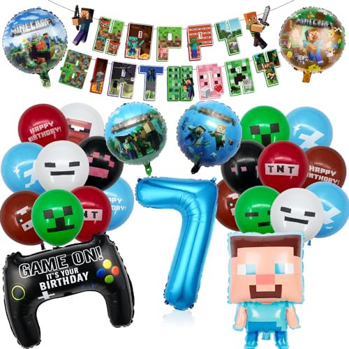 Pixel Luftballon Geburtstagsdeko 7 Jahre - 26 Stück Miner Gamer Kindergeburtstag Mitgebsel Jungen - Geburtstag Deko Party Luftballons