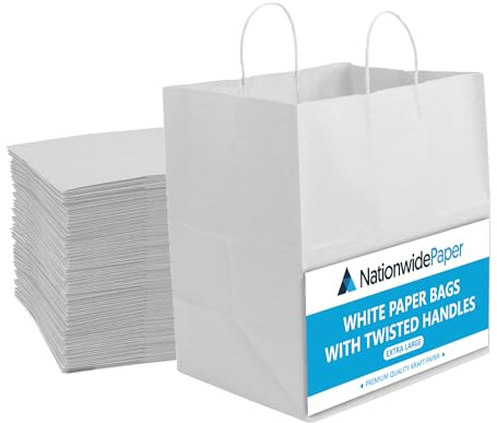 NationwidePaper 100pcs White Paper Bags, Shopping Bags with Strong Twisted Handles, For Grocery, Sweets, Food, Merchandise, Retail (32x22x28cm)