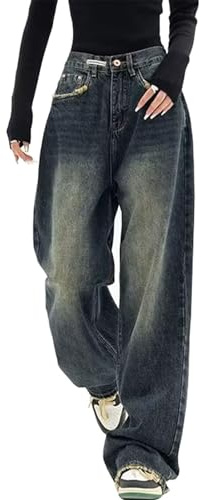 Giltpeak Y2k Jean baggy pour femme - Vintage - Taille haute - Jambes larges - Pantalon boyfriend décontracté - Pantalon d'été pour adolescentes et filles, bleu foncé, M