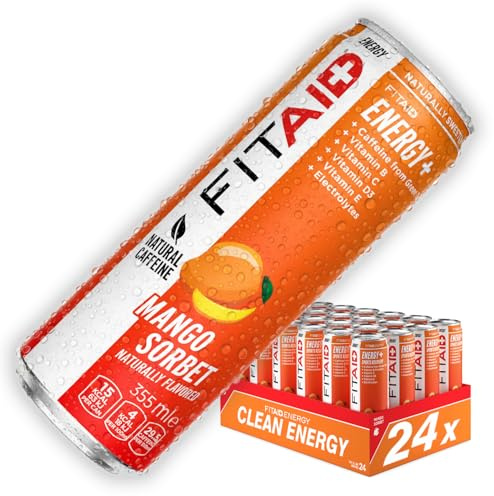 FITAID ENERGY Drink, 105mg Natural Caffeine, Keto, Mango Sorbet, Optimum Performance Formula: Paleo, Vegan & Gluten-Free, No Artificial Sweeteners, 12-oz. cans (Pack of 24)