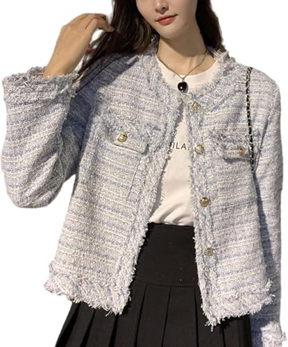 Suncadmious Blazer Scozzese in Tweed da Donna Blazer Aperto Davanti Senza Colletto Elegante Giacca Corta da Lavoro Cappotto (Blu,XL)