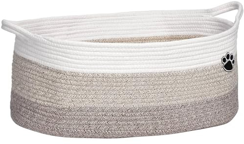Optish Dog Toy Basket, Toy Box and Bin for Dog Cat Storage, 19.7 X 11 X 7.9 (30L) Large Woven Rope Basket for Blanket Storage, Living Room, Bedroom, White & Brown