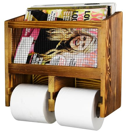 Owlgift Vintage Rustic Burnt Solid Wood & Metal Mesh Wall Mounted Dual Toilet Paper Roll Dispenser & Magazine Holder Basket
