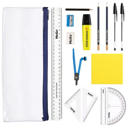 Stationery Set – Clear Pencil Case for Exams Bundled with Pens, Pencils, Rulers, Highlighter, Maths Set, Eraser, Sharpener & Sticky Notes – Complete School Supplies Kit