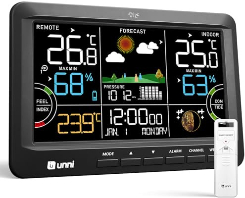 Funk Wetterstation mit Außensensor Batteriebetrieb und Netzbetrieb mit DCF Funkuhr， Wettervorhersage Funkwetterstation 100M, 3 Verstellbare Hintergrundbeleuchtung