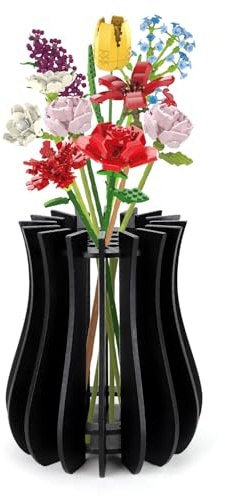 Demarsen Vaso per fiori Lego, puzzle in legno, bouquet, vaso per bouquet, vaso in legno per rose, girasoli, tulipani, fiori di ciliegio, decorazione regalo per donne e adulti (nero)