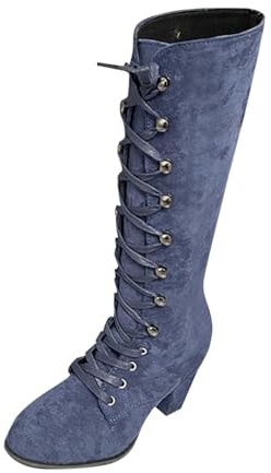 Knee High Boots for Women Lace Up Womens Suede Mid-Calf Boot Gothic Cosplay Lolita Ankle Boots Casual Stylish Lace Up Thick High Heels Retro Comfortable Booties Perfect for Fall Winter Walking