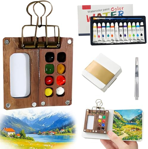 ienz Tobios Mini Watercolour Kit, Mini Watercolour Paint Set Travel, Tobios Watercolor Kit, Includes Palette Clip Brush and Sketchbook for Art Lovers