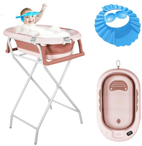 Baignoire pour bébé, 81,5 × 48 × 21 cm, baignoire thermosensible + support 55 × 47 × 89,5 cm, avec tapis de bain et bonnet de bain