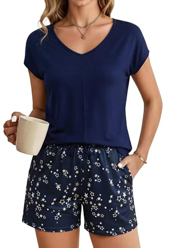 Litherday Pijama Mujer Corto Pijamas Mujer Verano de Algodon Conjunto de Pijama Camisetas y Pantalón de Estampado Cortocon Bolsillos y Cordón Suave y Cómodo
