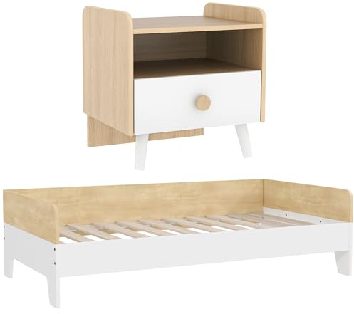 AIYAPLAY Conjunto para Niños Incluye 1 Cama para Niños de +3 Años de Madera 140x70 cm Carga 80 kg y 1 Mesita de Noche Infantil con Cajón y Bordes Redondeados para Dormitorio Blanco y Natural