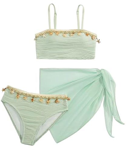 SEAUR Chica Conjunto Bikini con falda de malla 3 piezas traje de baño moda concha bikini set niño verano playa piscina 8-12 años