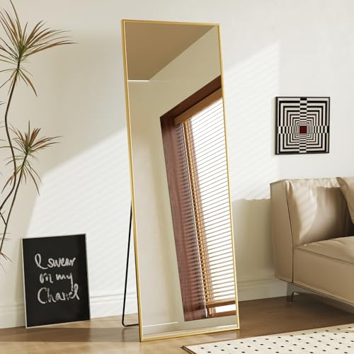DUMOS Gold Full Length Mirror 59x16 Full Body Floor Mirror for Bedroom or Cloakroom, Can Stand Alone, Hang or Lean Against Wall, Tall Wall Mirror with Stand and Sleek Aluminum Alloy Thin Frame