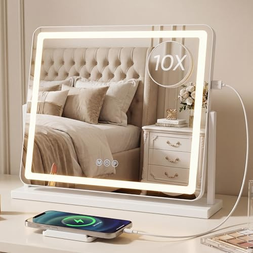 Antok sminkspegel med belysning, 55x48 cm LED-kosmetikspegel HD, 360°-rotation, 10-faldig förstoring, 3 färgtemperaturer, dimmbar, minnesfunktion, touch-kontroll, laddanschlüsse