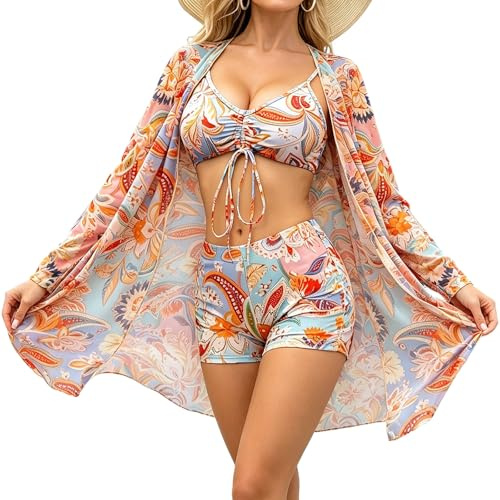 Women’s 3 Piece Bikini Set UK, High Waisted Tummy Control Bikini with Lightweight Cover Up, Adjustable Tie Front Bikini Top Swimming Costume
