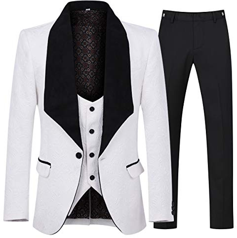 YFFUSHI Men's 3 Piece Suit Slim Fit Jacquard Tuxedo 1 Button Shawl Collar Blazer Vest & Pants for Wedding Formal Prom White