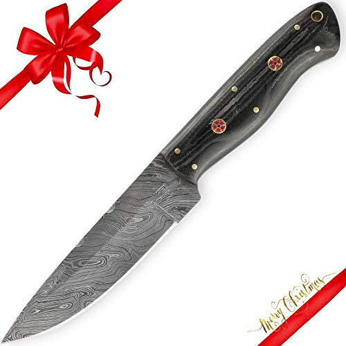 Hobby Hut HH-412, Couteau en Acier Damascus Fait à la Main, 10 po, Bushcraft, Couteau de Chasse, Manche en Micarta | Fourreau en Cuir | Full Tang, Lame Fixe | Lame de Rasoir, Acier de Damas