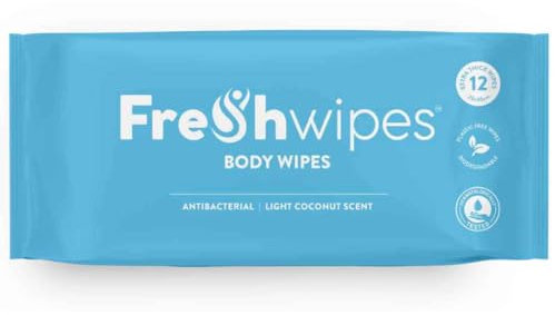 FreshWipes Antibacterial Body Wipes For Adults 1 Pack (12 Wipes) - Coconut Scent - Large Biodegradable Wet Wipes - Dermatologically Tested & Suitable for the Elderly or Disabled - Great for Camping