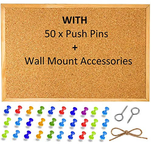 Cork Notice Pin Board Bulletin Vision Boards for Home Bedroom Offices Memo Message Pictures Planner Display Organiser Wood Frame Corkboard - Wall Mount Screws and 50 Push Pins - 400 x 300 mm