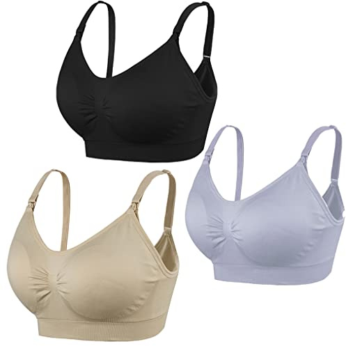 COLOMI 3 piezas de sostén de lactancia sin costuras para lactancia y dormir sin aros para mujer, negro, gris, piel, paquete de 3, XL