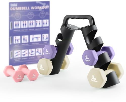 PhysKcal Dumbbells Set of 6 with Portable Stand, 2 x 1kg, 2 x 2kg, 2 x 3kg, Hand Weights Set with Rack for Body Toning, Cardio, Strength Training at Home