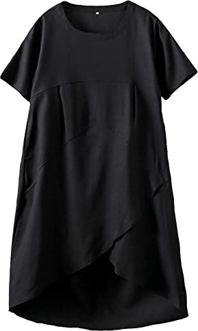 FTCayanz Abito estivo da donna, stile boho, da spiaggia, elegante, in lino, per il tempo libero, con tasche, Nero , XXL