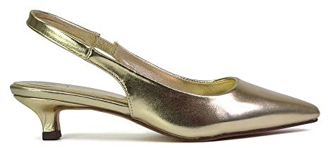 Womens Low Kitten Heel Shoes Ladies Slingback Sandals Pointed Toe Party Bridal Evening Gold Pumps Size 5