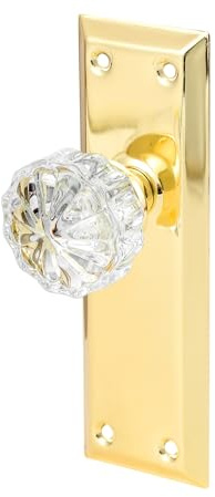 newliplace 2 Pack Vintage Single Sided Crystal Dummy Door Knobs Interior, Long Plate Antique Glass Dummy Door Knobs in Polished Gold/Brass Finish