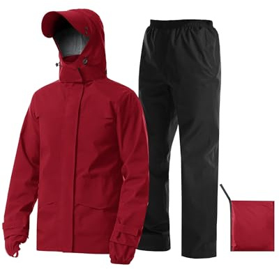 iCreek Rain Suit Waterproof Jacket with Pants 2 Pieces Breathable Lightweight Packable Raincoat with Hooded Rain Gear Unisex（M, Red）